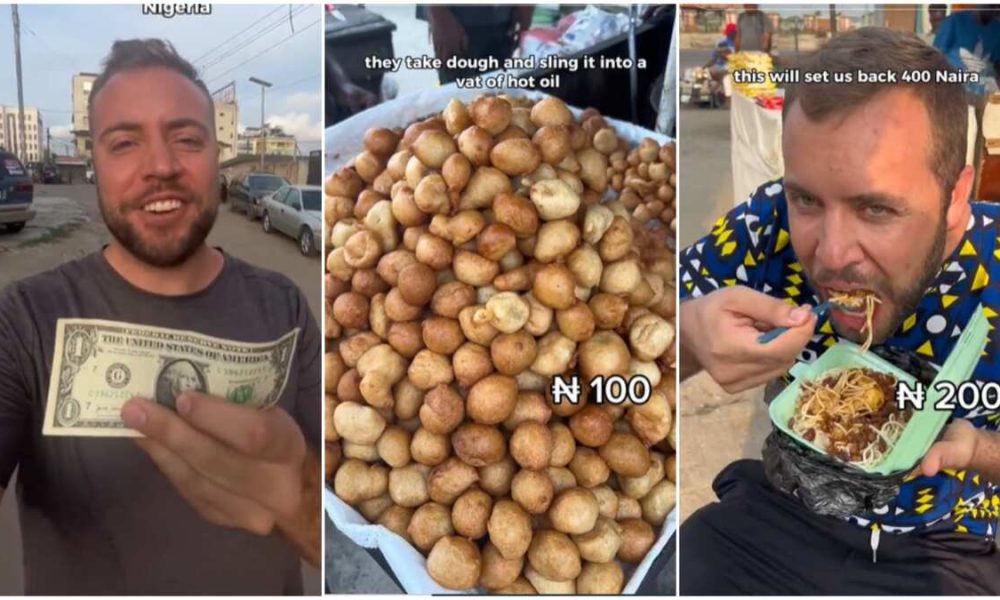 Oyinbo converts $1 to naira in Nigeria, enjoys with puff puff, rice & beans